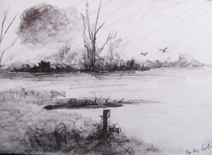 Loghrea Lake In Graphite Drawing by Trilby Cole