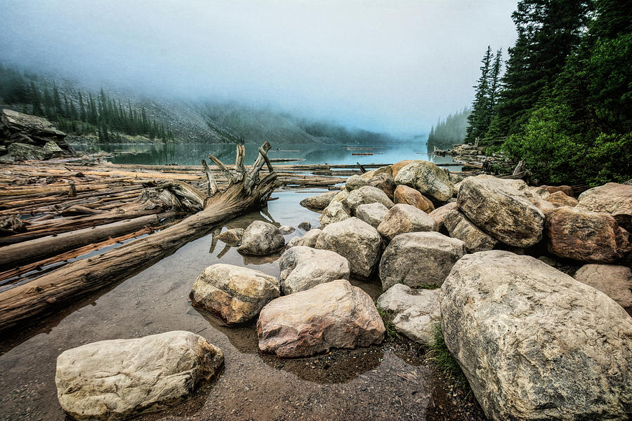 Logs and Boulders Moraine Lake Banff Photograph by Joan Carroll