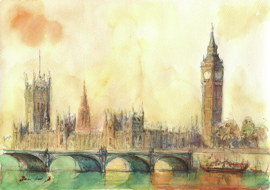 Canvas Print Wall Art painting big ben London buildings Watercolour city bridge