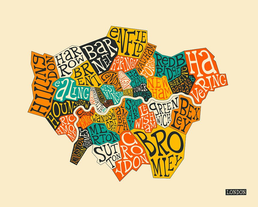 London Boroughs Map Typography Digital Art by Jazzberry Blue
