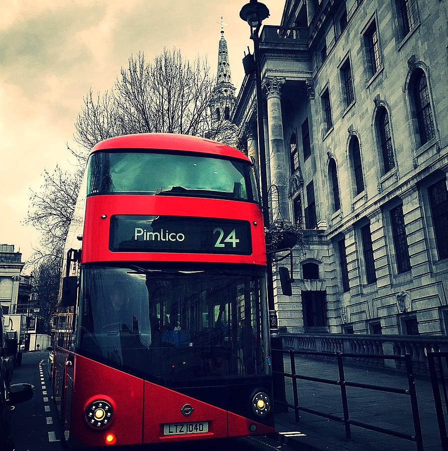 London Photograph - London Bus, Trafalgar Square by Liza Jane