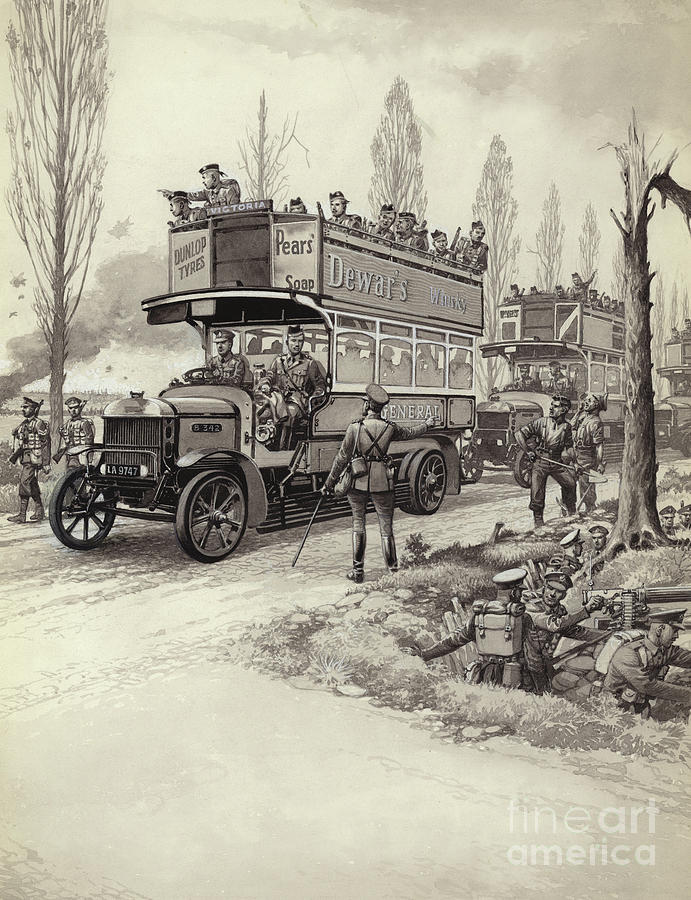 London buses used to take troops to the front during WWI Painting by Pat Nicolle