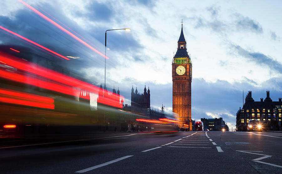 London cityscape at Big Ben, night scene photo with a red bus and ...