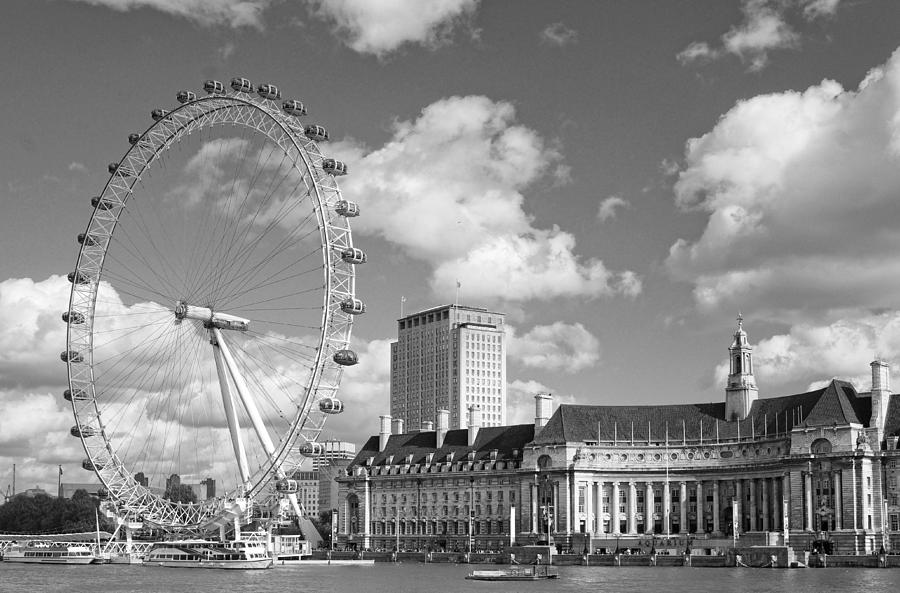 London Eye And County Hall - Grayscale Photograph