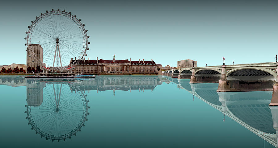 London Eye Westminster Bridge Reflection Aqua Digital Art by Joe Tamassy