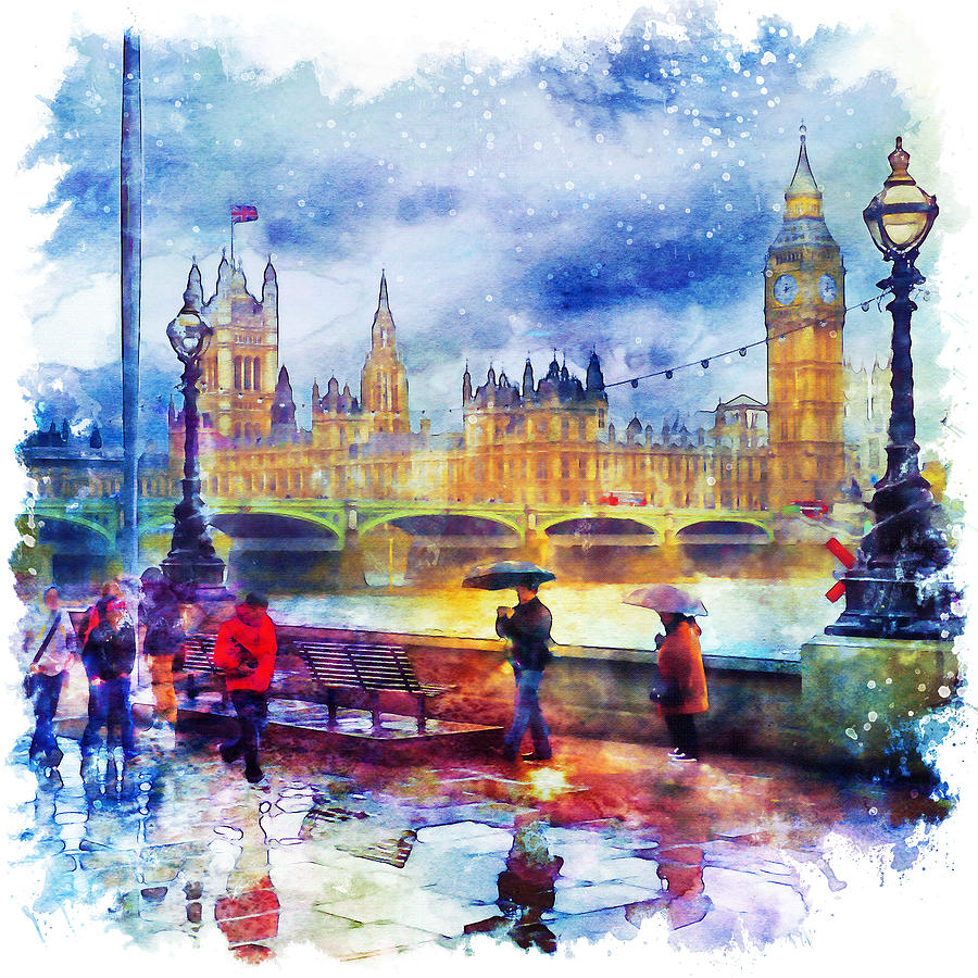 London Rain watercolor Painting by Marian Voicu