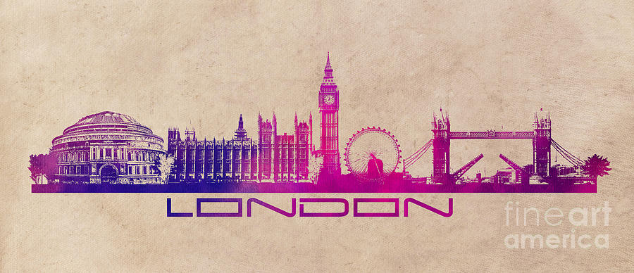 London skyline city purple Digital Art by Justyna Jaszke JBJart