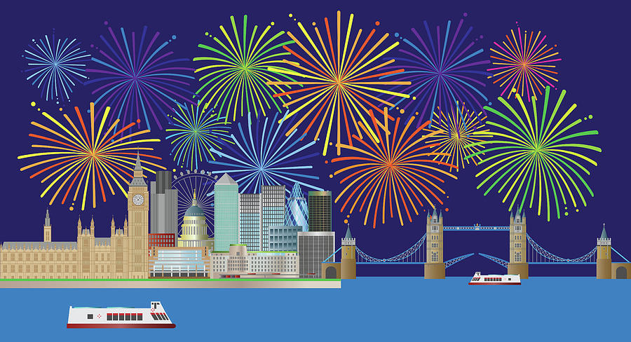 London Skyline Fireworks Panorama Illustration Digital Art