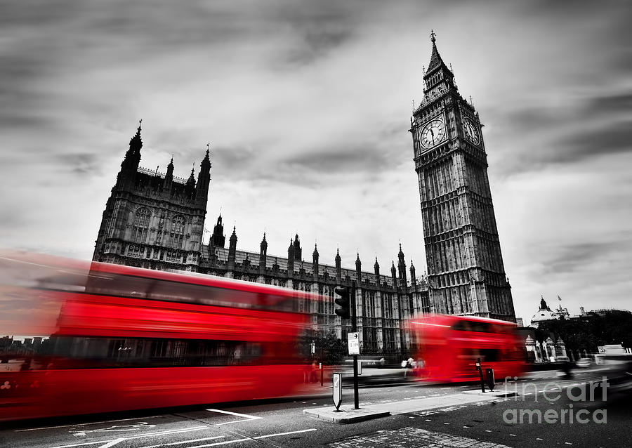 London, the UK. Red buses and Big Ben, the Palace of Westminster. Black and white Photograph by Michal Bednarek