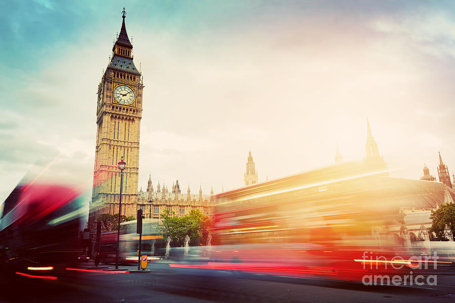 London, the UK. Red buses and Big Ben, the Palace of Westminster. Vintage Photograph by Michal Bednarek