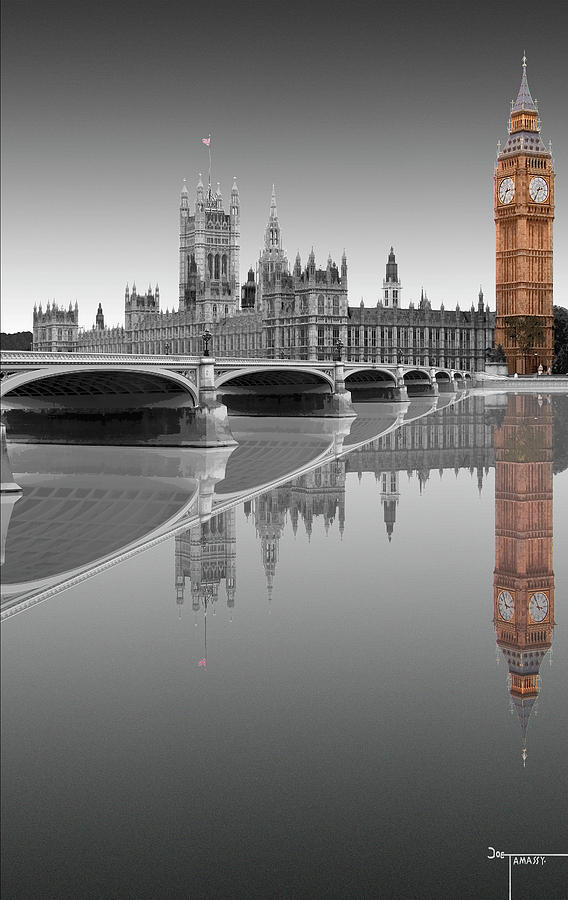 London Big Ben Westminster Bridge Reflection  Black and White Digital Art by Joe Tamassy