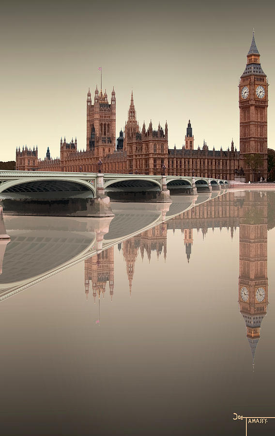 London Big Ben Westminster Bridge Reflection Sepia Digital Art by Joe Tamassy