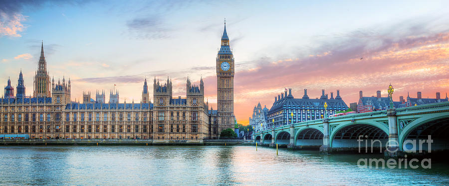 London, UK panorama. Big Ben in Westminster Palace on River Thames at sunset Photograph by Michal Bednarek