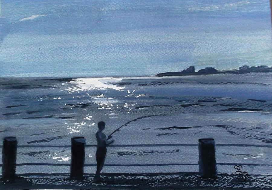 Lone fisherman on Worthing pier Painting by Carole Robins