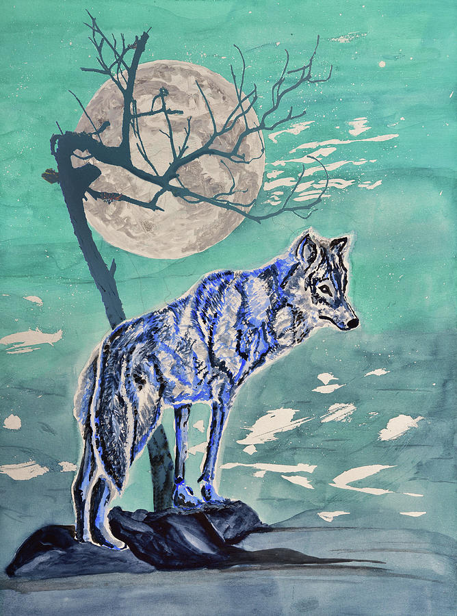 Lone Wolf with Tree Painting by Linda Brody