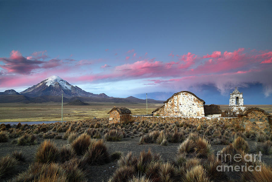 Lonely Church Sajama Volcano and Stormy Altiplano Skies Bolivia Photograph by James Brunker