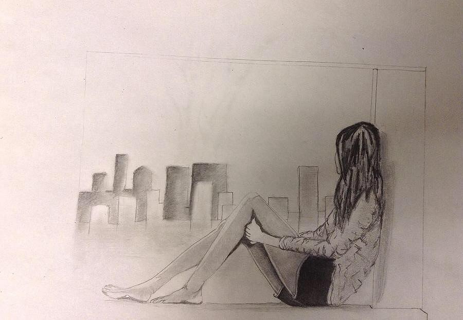 Pencil Artwork Drawing Sketch Of Lonely Sad Girl Sitting On The Beach Art  Print | avaelma.com