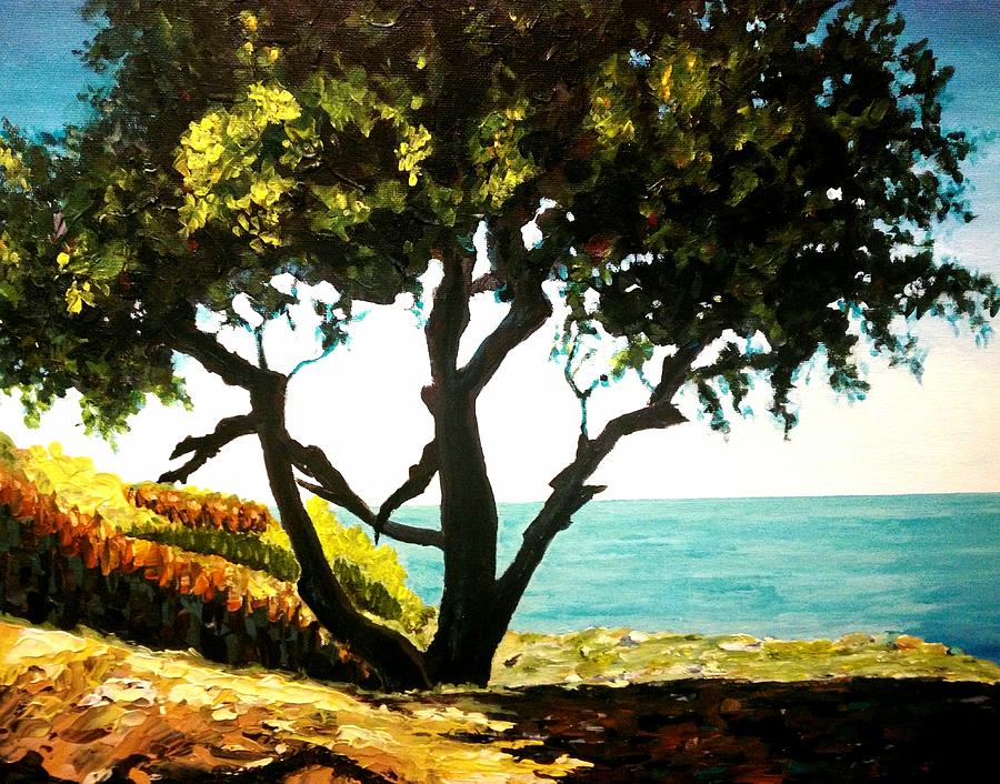 Lonely tree by the beach Painting by Ray Khalife