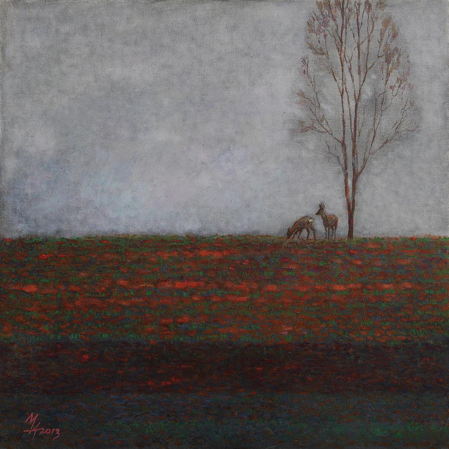 Lonely Tree with two Roes Painting by Attila Meszlenyi