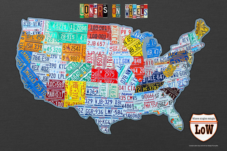 Map Mixed Media - Loners on Wheels Singles RV Club License Plate Map USA Road Trip by Design Turnpike