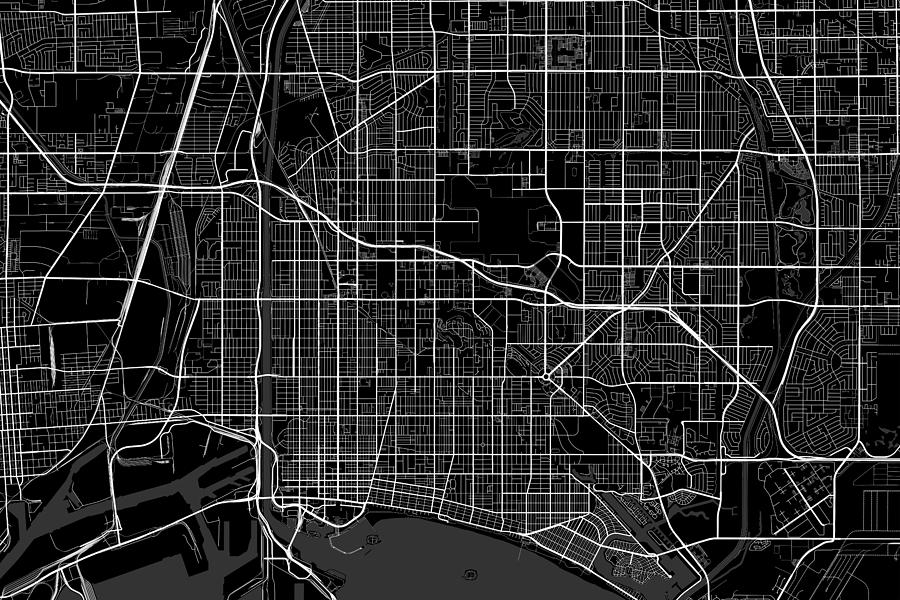 Long Beach California USA Dark Map Digital Art by Jurq Studio - Fine ...