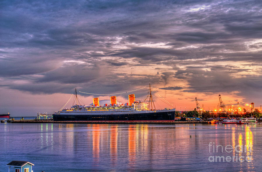 Long Beach, Queen Mary Sunset Lighted Photograph by David Zanzinger