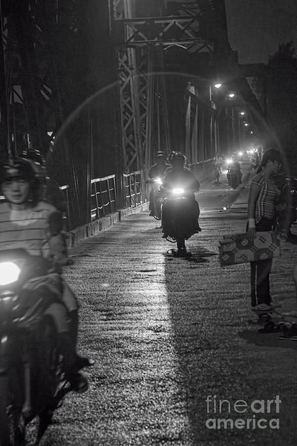 Long Bien Bridge Motorcycles BW Photograph by Chuck Kuhn