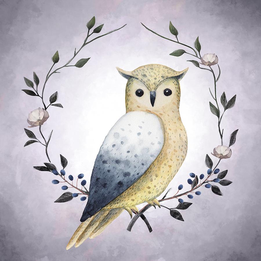 Owl Painting - Long Eared Owl On A Laurel by Little Bunny Sunshine