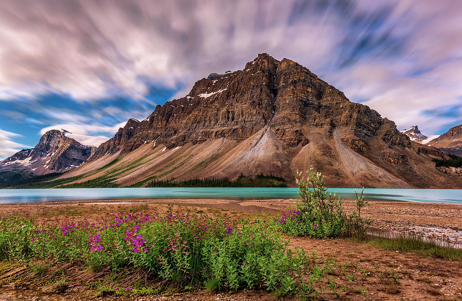 Long Exposure of Mount Crowfoot  with Bow Lake Photograph by Yves Gagnon