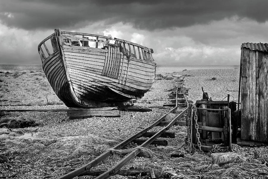 Long Forgotten - Rusty Winch and Old Fishing Boat in Black and White Photograph by Gill Billington