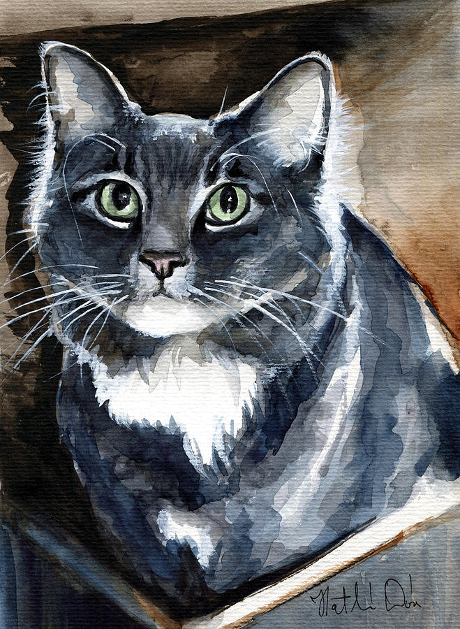Cat Painting - Long Haired Blue Cat Portrait by Dora Hathazi Mendes
