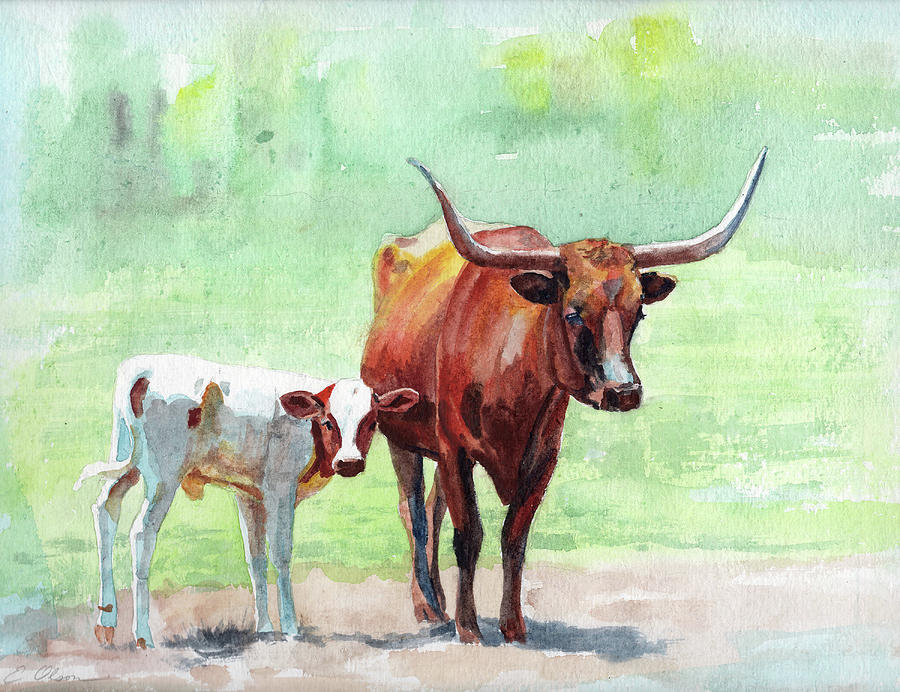Longhorn Mom and Baby Painting by Emily Olson