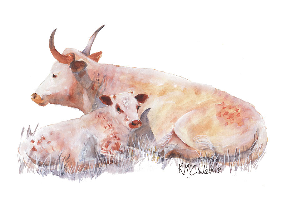Longhorn Shade Mama and Baby watercolor painting by KMcElwaine by Kathleen McElwaine Longhorn Shade Mama and Baby watercolor painting by KMcElwaine by Kathleen McElwaine