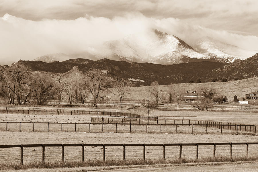 Longs Peak - Storm and Fences - Sepia Image Photograph by James BO Insogna