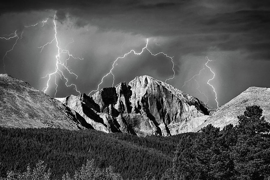 Longs Peak And Lightning In Black And White Photograph