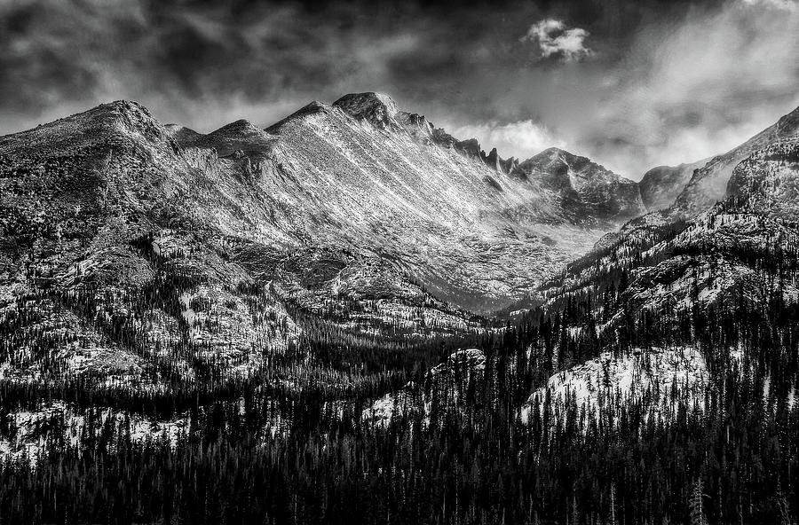 Longs Peak Rocky Mountain National Park Black and White Photograph by Ken Smith