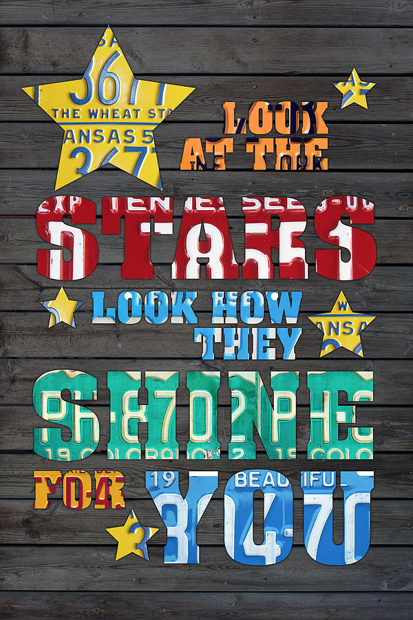 Coldplay Mixed Media - Look at the Stars Coldplay Yellow Inspired Typography Made Using Vintage Recycled License Plates by Design Turnpike