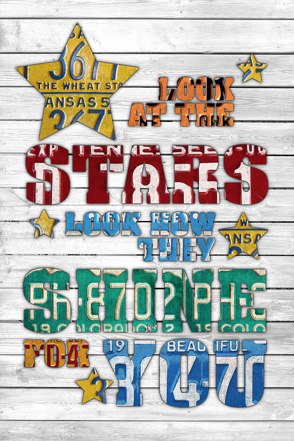 Coldplay Mixed Media - Look at the Stars Coldplay Yellow Inspired Typography Made Using Vintage Recycled License Plates V2 by Design Turnpike