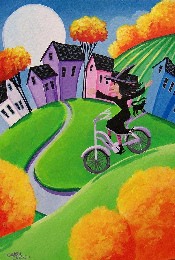 Look No Hands   witch cat ridng bike Painting by Debbie Criswell