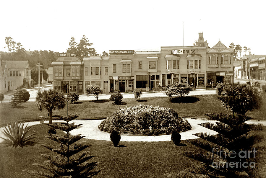 Including Photograph - Looking across garden of El Carmelo Hotel towards shops between  by Monterey County Historical Society