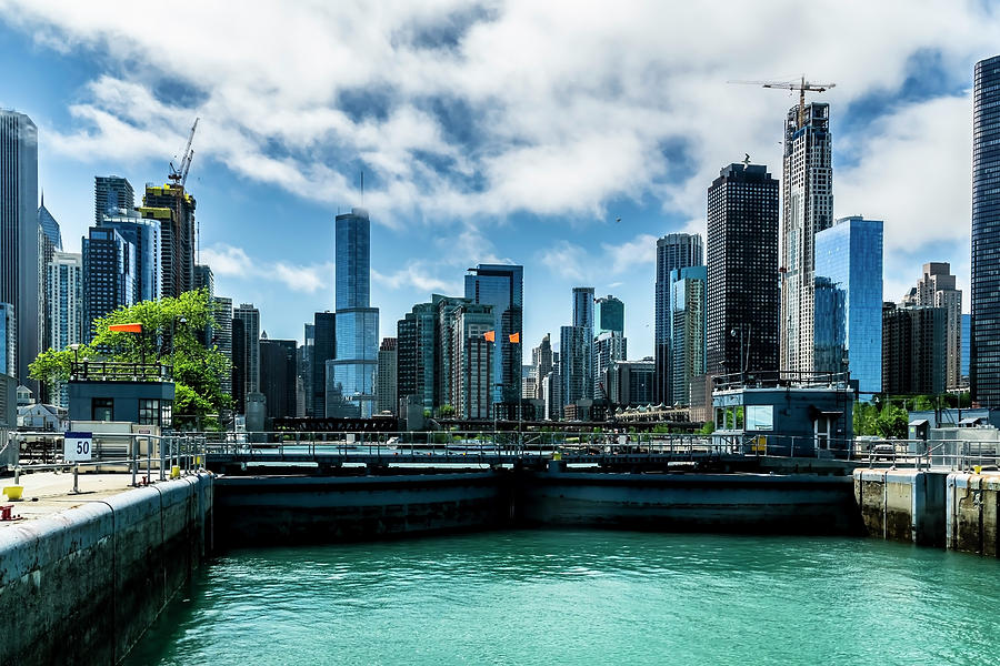 Looking back at the Chicago skyline from the locks  Photograph by Sven Brogren