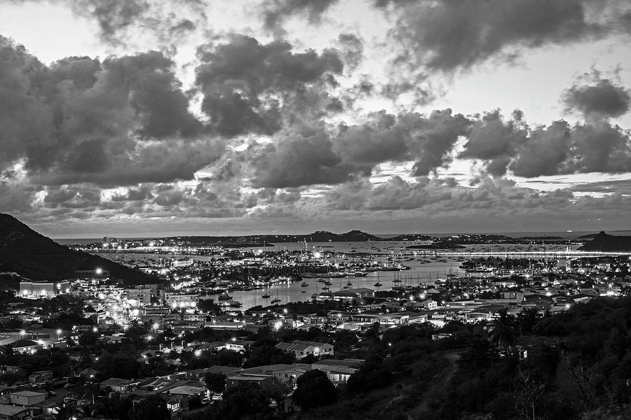 Looking down at Saint Martin during Twilight Black and White Photograph by Toby McGuire