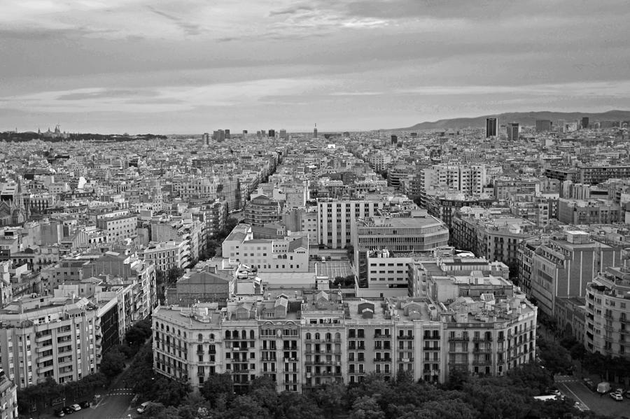 Looking down on Barcelona from the Sagrada Familia Black and White Photograph by Toby McGuire