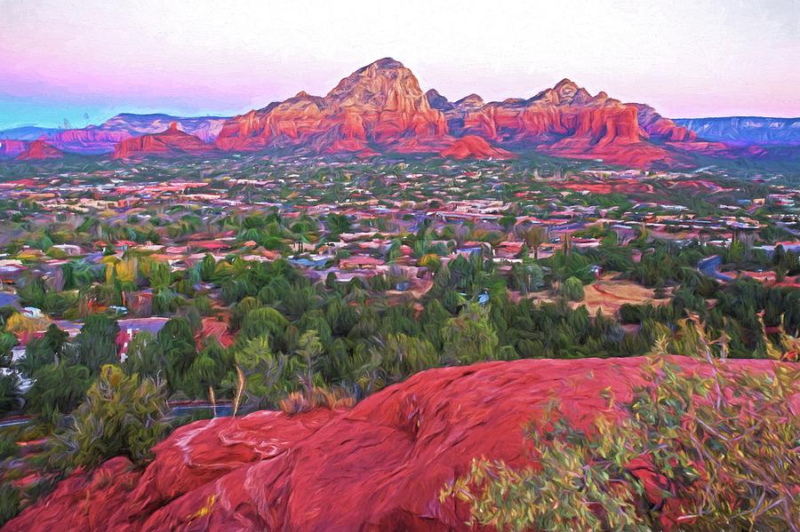 Looking down on Sedona from Airport Mesa Sunrise 2 Painterly Photograph by Toby McGuire