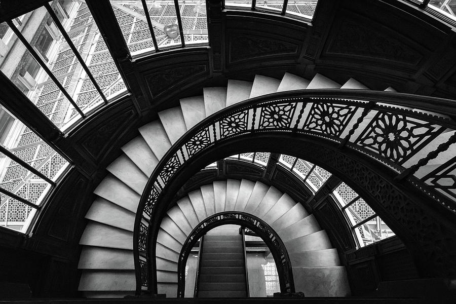 Looking Down the Rookery Building Winding Staircase And Windows in Black and White Photograph by Anthony Doudt