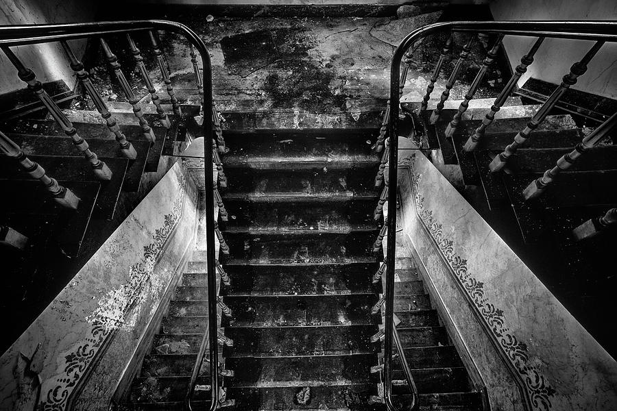 looking down the stairs - BW urban exploration Photograph by Dirk Ercken