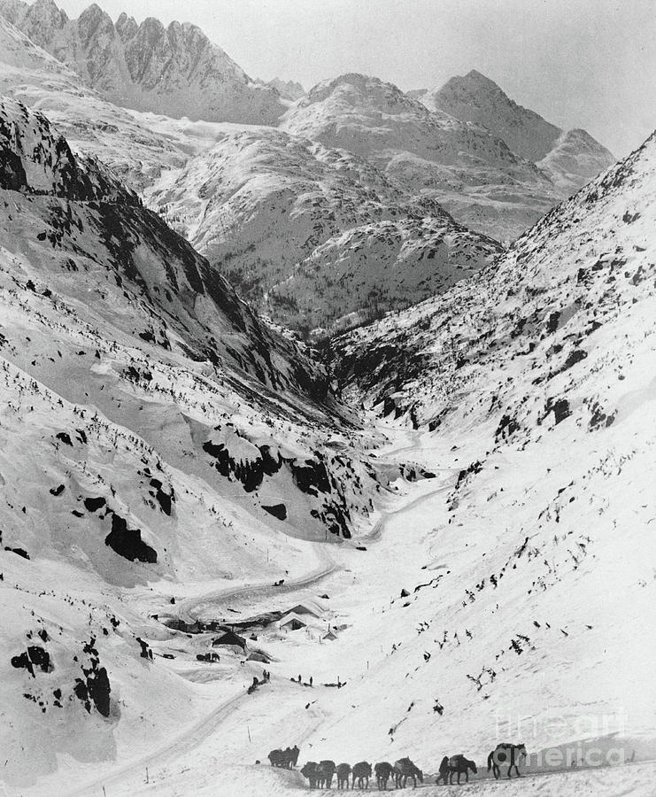 Looking down through Cutoff Canyon from half mile below White Pass Summit, during the klondike Gold  Photograph by American School
