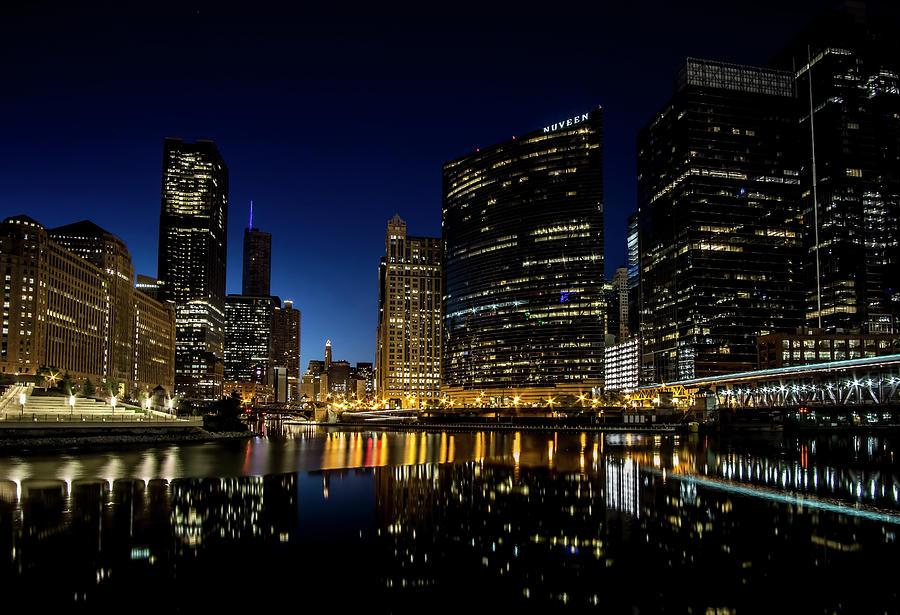 Looking east down the Chicago River at blue hour  Photograph by Sven Brogren