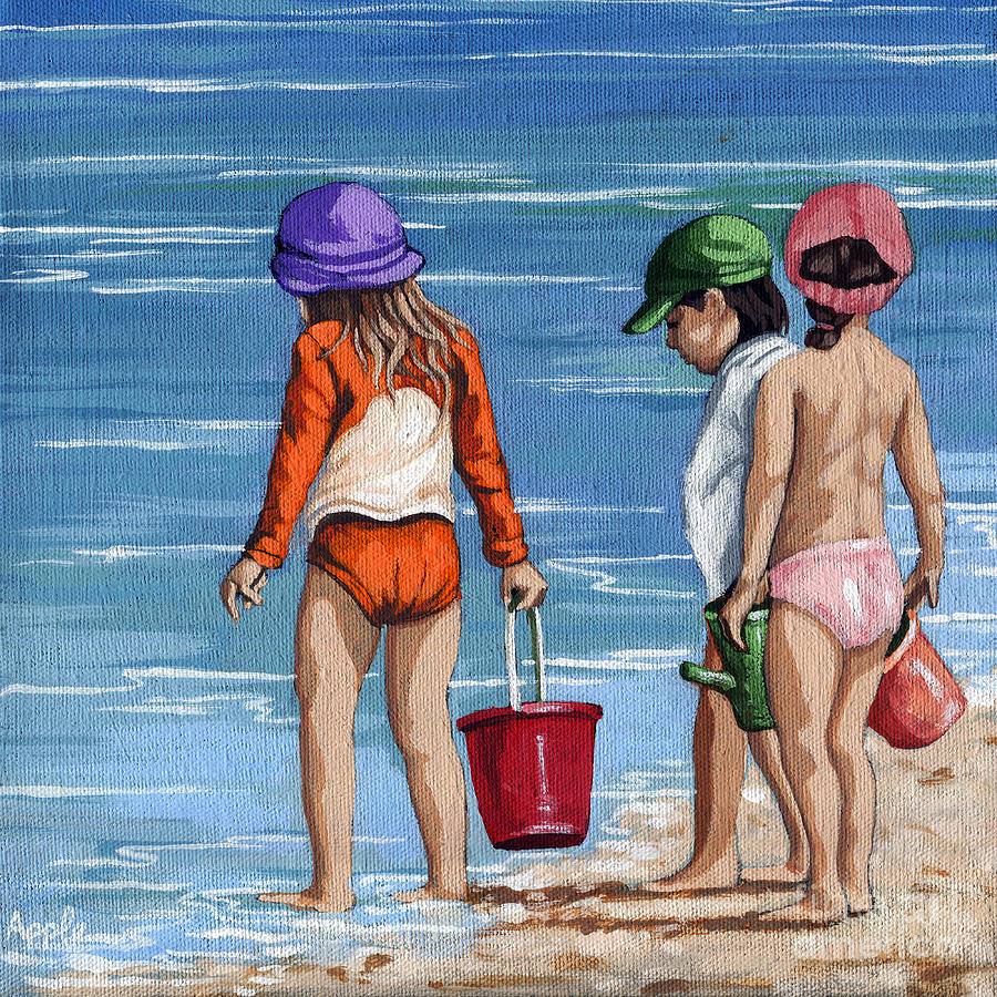 Summer Painting - Looking for Seashells Children on the beach figurative original painting by Linda Apple