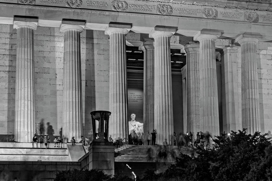 Looking In The Lincoln Memorial At Night In Black and White Photograph by Greg and Chrystal Mimbs